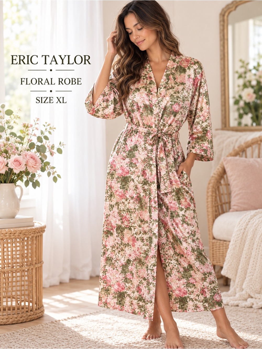 Eric Taylor Floral Satin Robe Women’s XL Pink Rose Long Kimono